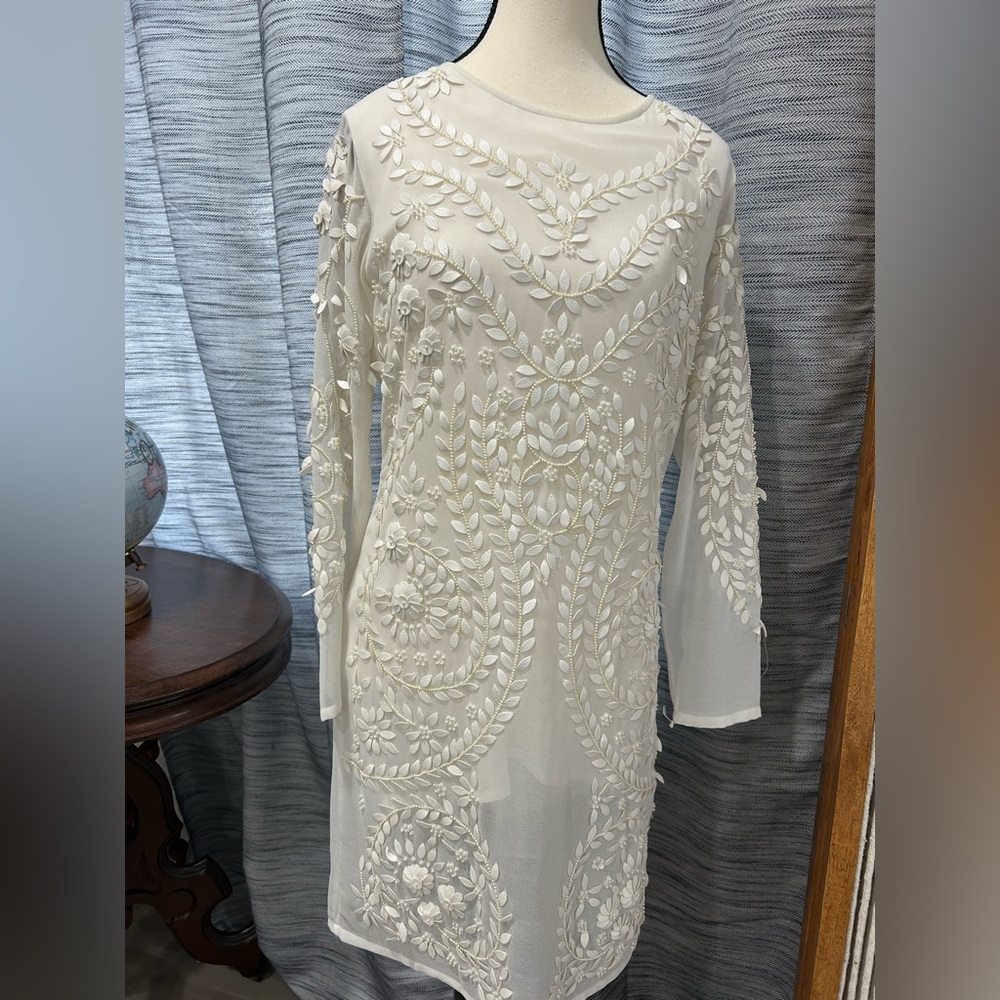 Rinku Dalamal Anthropologie ivory crepe pearl beaded leather floral gorg dress!4